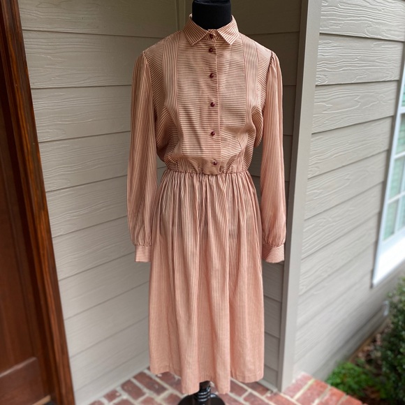Vintage Dresses & Skirts - Vintage 70s 80s Secretary Striped Midi Shirt Dress